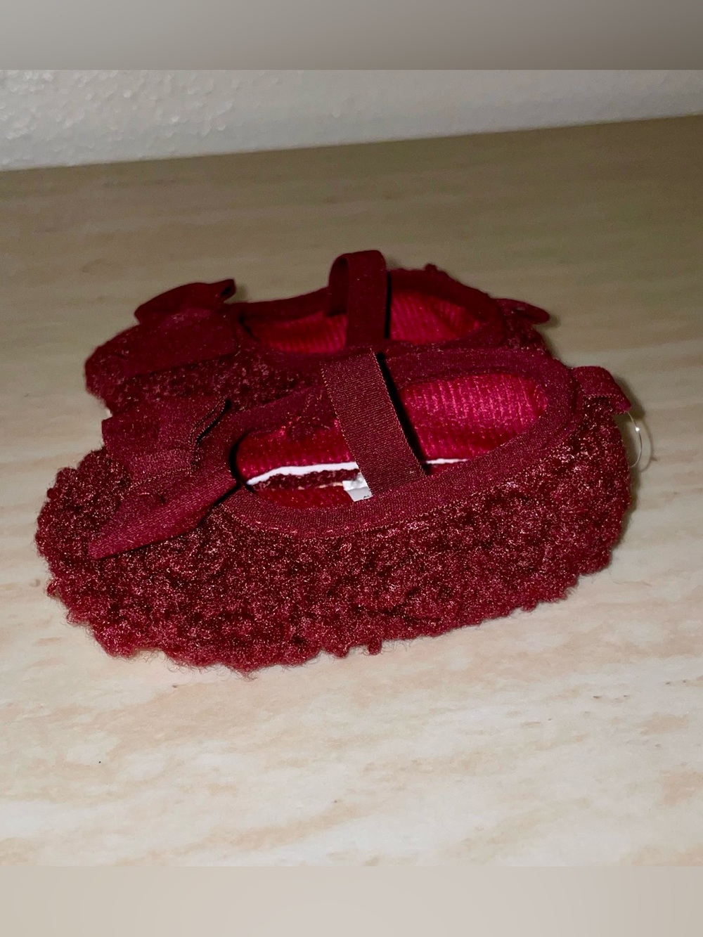 Fluffy Maroon Baby Mary Jane Shoes